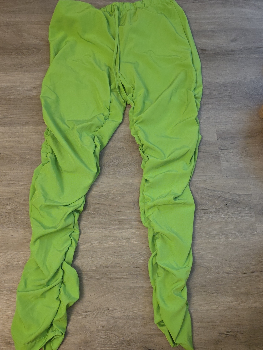 Neon Green Ruched Womens  Stylish Drawstring Pants.
